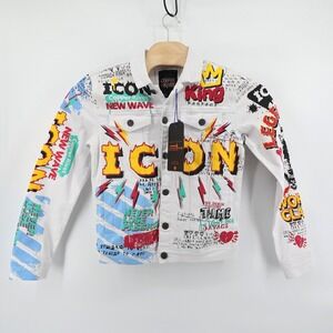 NEW‎ Copper Rivet White Denim Jacket Graffiti Print King Crown Icon Wave Small
